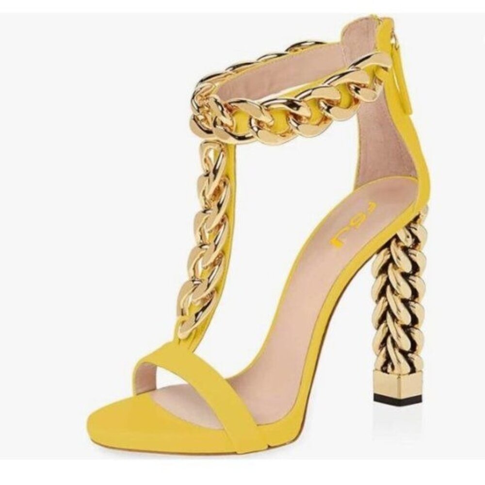 FSJ Yellow T-Strap Gold Metal Chain Chunky High Heel Open Toe Sandal Back Zipper